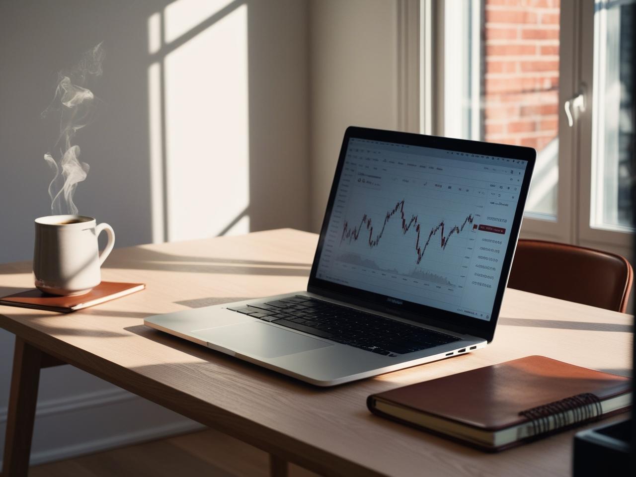 Modern home office with laptop, coffee, and sunligh, perfect for focused trading.