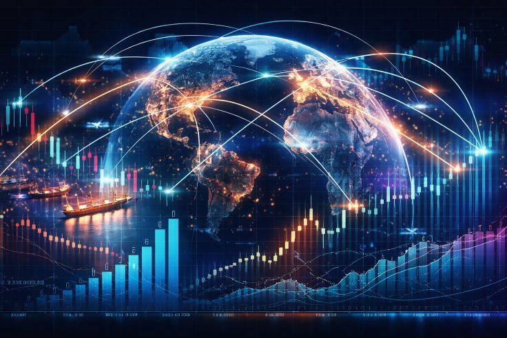 Visualization of global supply chain routes connected to financial market charts